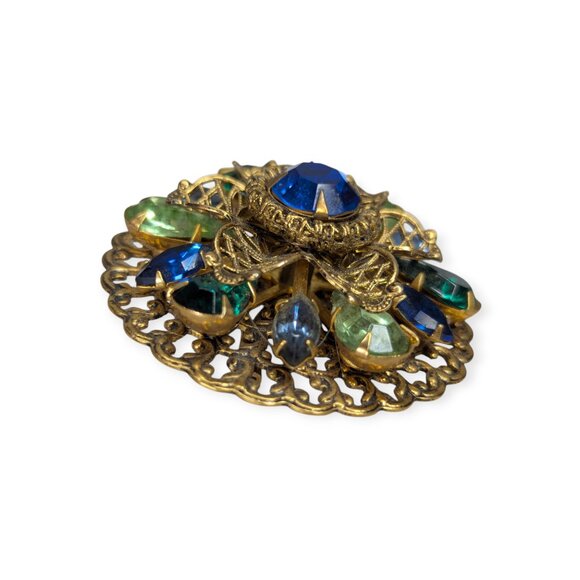 Vintage 1940s Antique Gold Tone Domed Pin with Blue & Green Gems - Picture 4 of 9